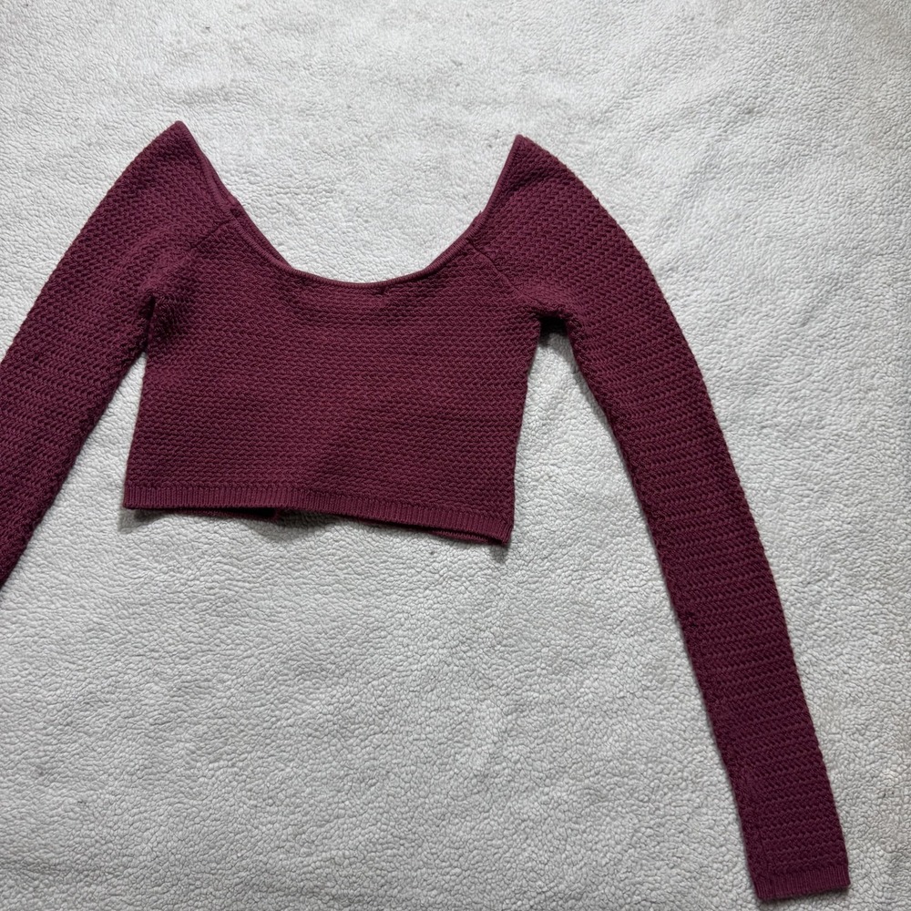 FP‎ Beach Sweater Womens XS Burgundy Long Sleeve Knit Crop Pullover Boho Stretch - Picture 11 of 14